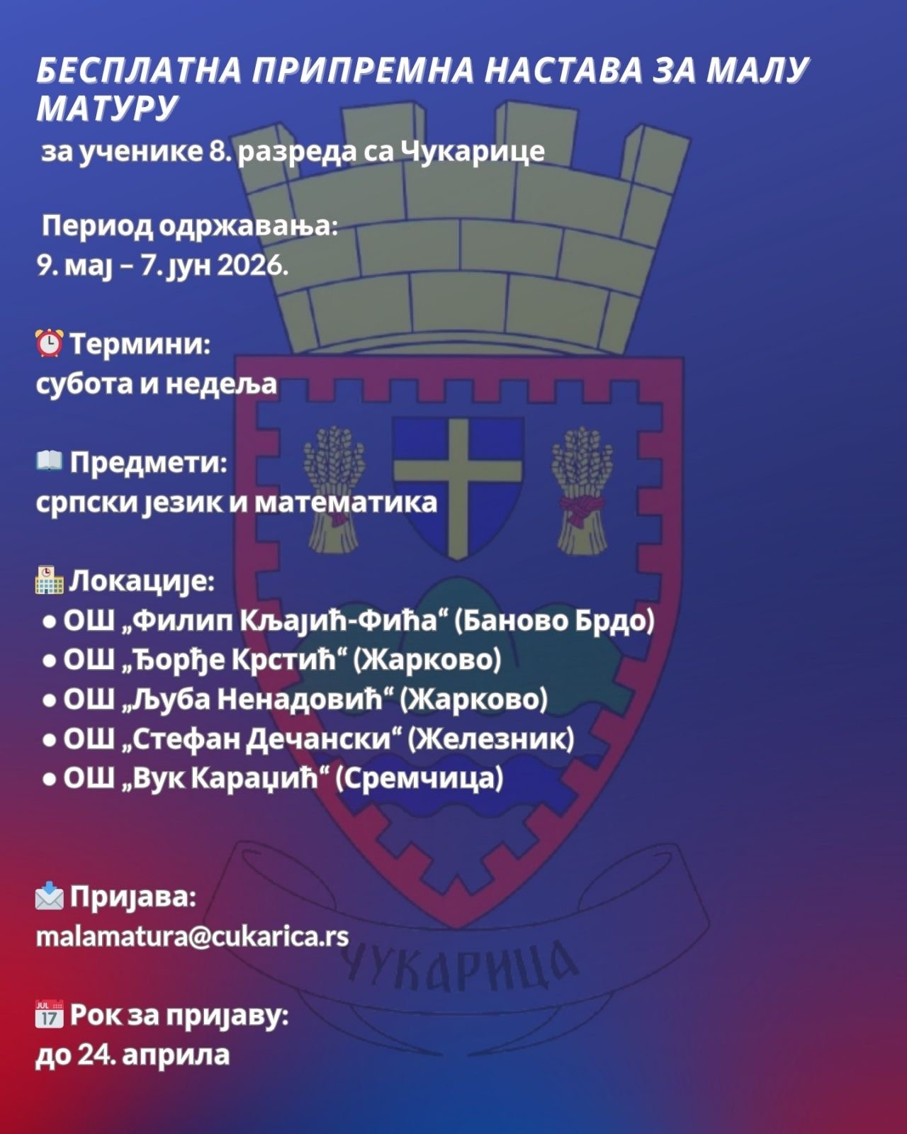 Бесплатна припремна настава за полагање мале матуре за чукаричке осмаке